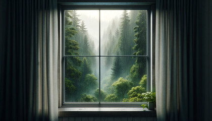 Rainy day. A window looking out to the forest on a rainy day. Weather.