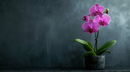A flowerpot containing a blooming orchid is placed on a black stone table against a dark background. 