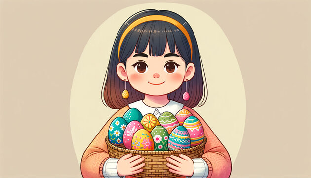 Easter holiday. A girl holding a basket with painted eggs. Card. 