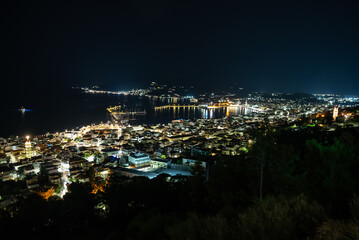 Zakynthos town city at night.  Harbor of  Zakynthos town seen from bochali view point, Greece. Night Panorama of the Zante Zakynthos town in Greece.
