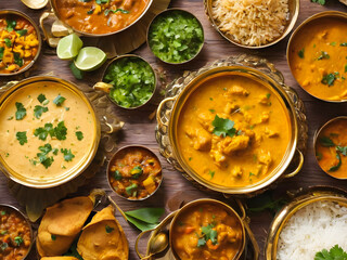 Exquisite Indian Cuisine: Golden Dishes Gleaming with Traditional Flavors. generative AI