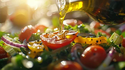 Fototapeten A dynamic shot of olive oil being drizzled over a Mediterranean salad with the droplets capturing the light. © Markus