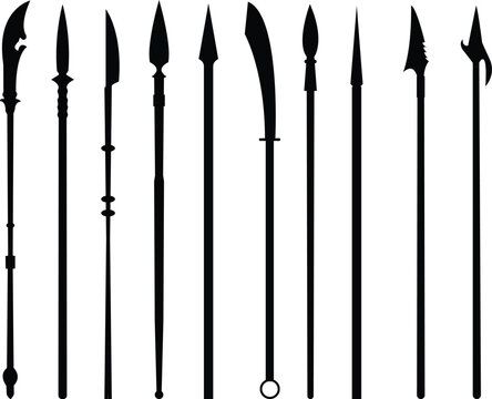 Simple, flat, black spear silhouette set. Isolated on transparent background, vector template logo design, Spearhead logo, element of weapon icon for mobile concept and web apps, ui.