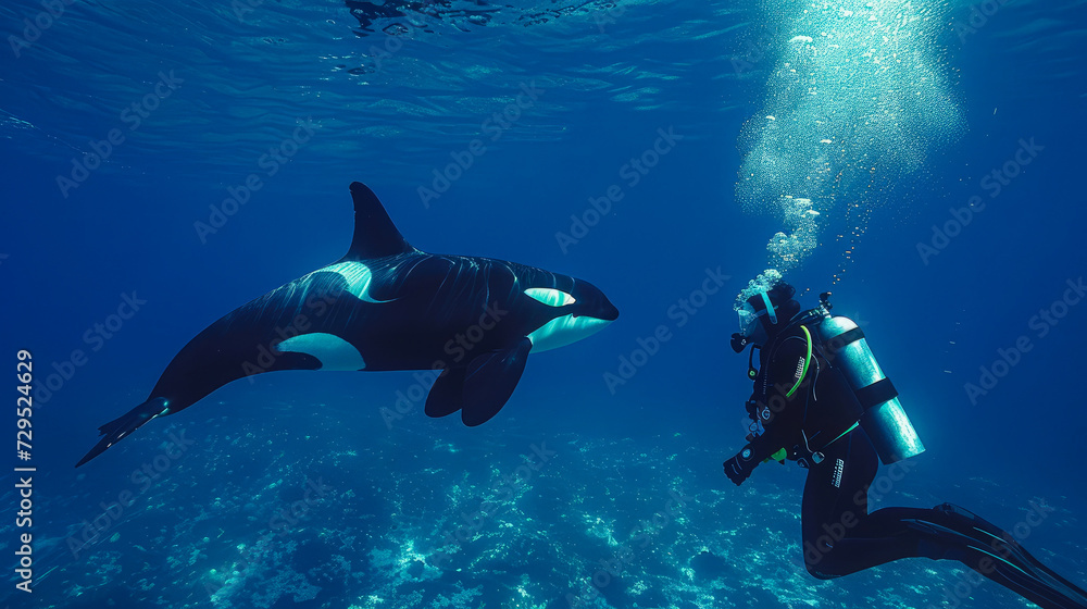 Wall mural diver swimming with orca generative ai