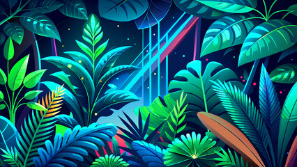 Captivating scene merges Green and Blue Neon Light with tropical leaves, Generative AI
