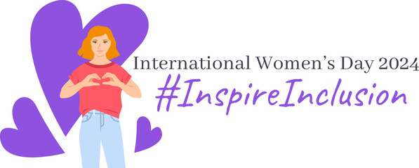 Inspire inclusion campaign pose. International Women's Day 2024 theme banner. Smiling young women makes heart symbol with her hands to stop discrimination and stereotypes. Gender equal inclusive world