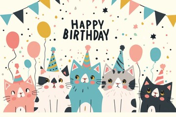 Fototapeta premium Happy Birthday cute cartoon cats on white background Generative AI