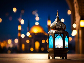 Islamic lantern on table city skyline on the background for Adha and Fitr Eid. Ai generated