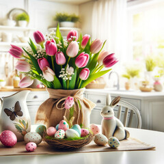 A bouquet of tulips, Easter bunnies and eggs on the table in a white Scandinavian-style kitchen