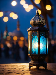 Islamic lantern on table city skyline on the background for Adha and Fitr Eid. Ai generated