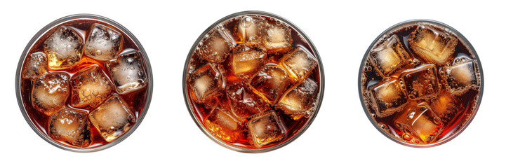 Cokes in Glass Top View Set Isolated on Transparent or White Background, PNG