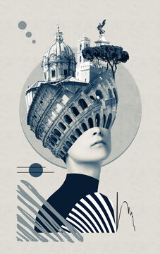 Rome famous landmarks collage. The modern art design from best views of Rome, Italy, Europe.