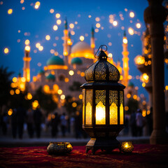 Islamic lantern on table city skyline on the background for Adha and Fitr Eid. Ai generated
