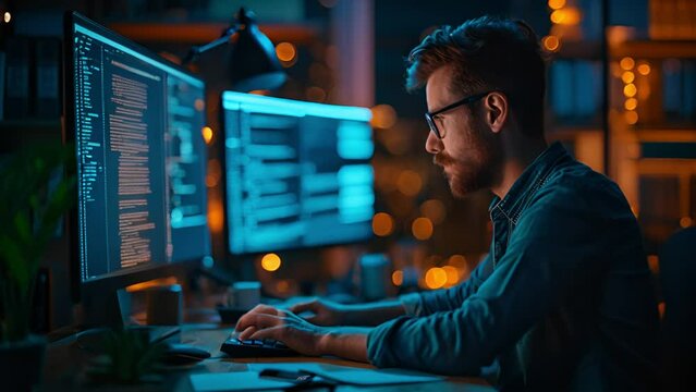 Programmer as they work late into the night, surrounded by the glow of multiple monitors. 4k Video footage