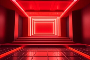 A modern red empty stage with vibrant Chinese neon illumination. Generative AI