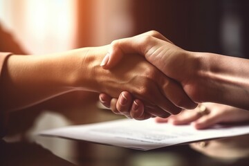 Closeup of two people shaking hands over a document, signifying the completion of a contract or agreement