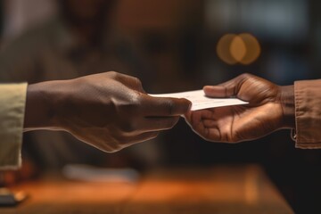 Closeup of two hands exchanging a business card, illuminated by the warm glow of ambient lighting, blurred background