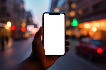 closeup hand holding and presenting a smartphone with a blank screen display, for a mockup, against a backdrop of a softly blurred cityscape