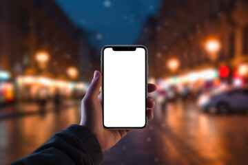 closeup hand displaying a smartphone with blank screen mockup against a backdrop of blurred city lights, creating an alluring urban atmosphere