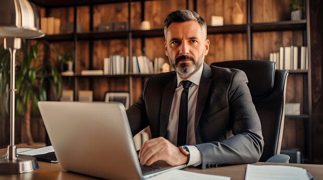 Businessman in a suit sitting at a table with a laptop computer. Ai generated.