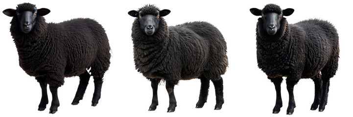 Fototapeta premium Black Sheep Farm Animal Set Isolated on Transparent or White Background, PNG