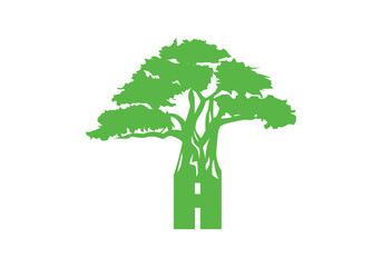 Naklejka premium Abstract A Logo Letter and Tree Branches with green, black, white. Tree Letter Design with Minimalist Creative Style.