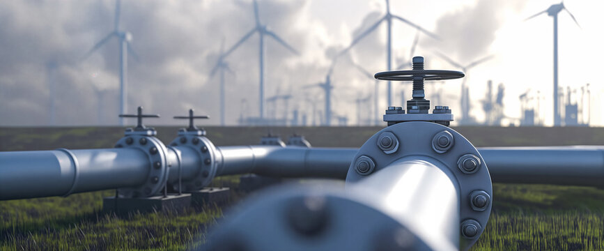 A hydrogen pipeline with wind turbines in the background. Green hydrogen production concept	