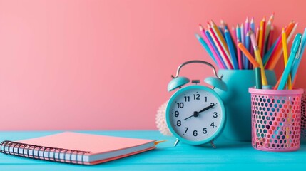 Back to school concept. Photo of school accessories on blue table pencil holder alarm clock stack...