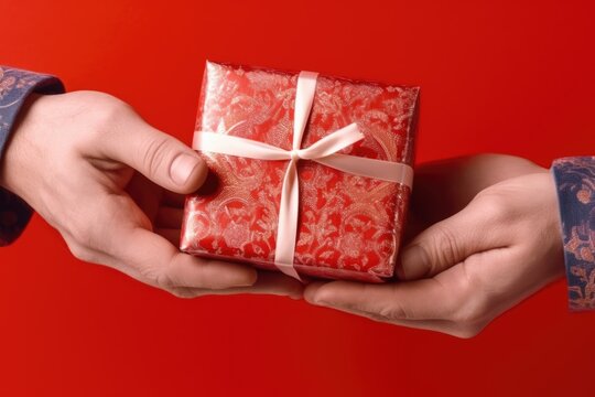 two man sharing a festively wrapped red gift box with a white ribbon against a vibrant red backdrop - Powered by Adobe