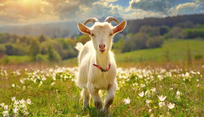 A cute goat standing in the meadow, grass field, sunny 