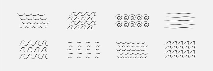 Sea waves lines pack. Still and rough water. Vector illustration