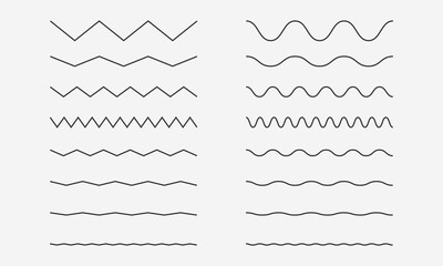 Wave zigzag lines set.  Underlines, smooth end squiggly horizontal, squiggles. Vector illustration