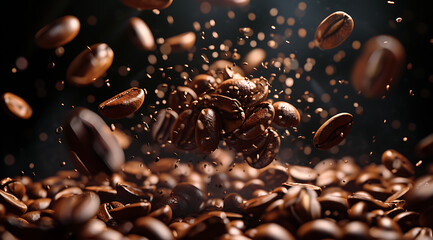 coffee beans in swirling motion on a black background - obrazy, fototapety, plakaty
