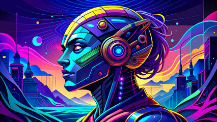A side view of a humanoid head with blue and yellow eyes, alongside a vibrant neon neural network, symbolizing futuristic technology and artificial intelligence, Generative AI.