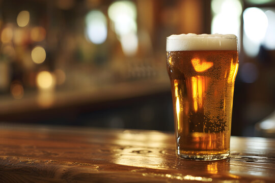 A close-up view of steamed mug of cold beer or ale, with foam the rim of the glass, on a wooden table and a dark background in an Irish pub or english pub. bar counter with lights