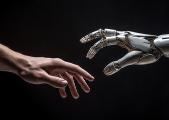 cyborg finger about to touch human finger. Artificial intelligence technology concept