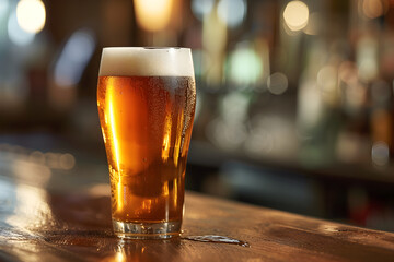 A close-up view of steamed mug of cold beer or ale, with foam the rim of the glass, on a wooden table and a dark background in an Irish pub or english pub. bar counter with lights