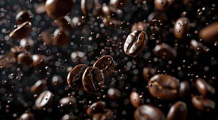 coffee beans in swirling motion on a black background - obrazy, fototapety, plakaty