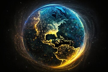 Planet Earth. Globe on a black background. AI generated.