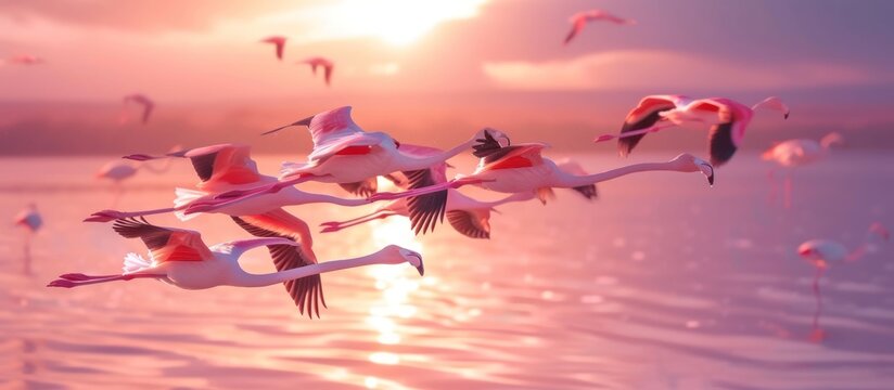 Beautiful view of pink flamingos flying over lake water. AI generated image