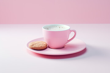 Pink coffee cup with frothy beverage and brown cookies on a white surface. Concept for a cozy breakfast or cafe menu design.