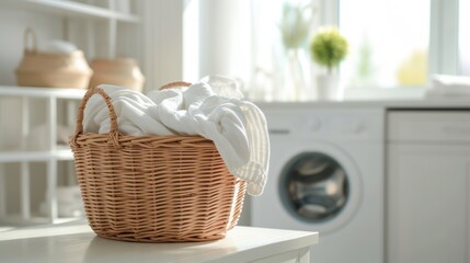 Fototapeta na wymiar Basket with clothes in laundry room with washing machine on background.