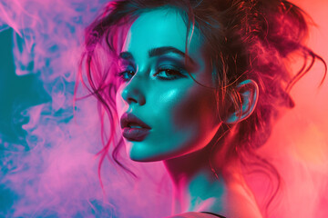 Fashion art portrait of beauty model woman in bright lights with colorful smoke. Close up. selective focus.