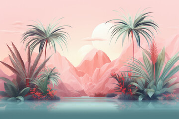 Dreamy landscape in tropics. Illustration. Generative AI