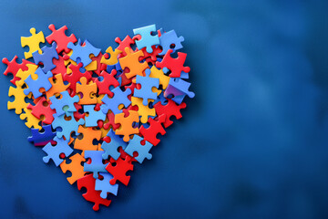 Heart Made of Puzzle Pieces on Blue Background, Autism Day Awareness