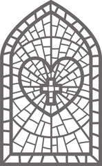 Church glass window. Stained mosaic catholic frame with religious symbol heart with cross. Outline illustration