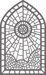 Church glass window. Stained mosaic catholic frame with religious symbol. Outline illustration