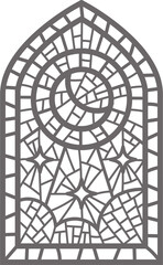 Church glass window. Stained mosaic catholic frame with religious symbol. Outline moon illustration