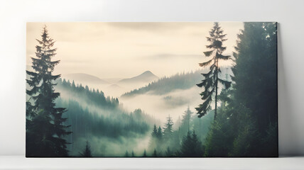 Misty landscape with fir forest in hipster vintage retro picture style