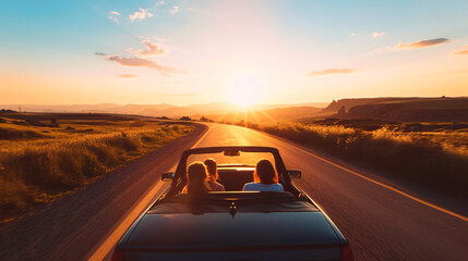 A hatchback filled with friends and road trip essentials cruising on an open highway towards a setting sun capturing the essence of freedom friendship and the open road. - obrazy, fototapety, plakaty